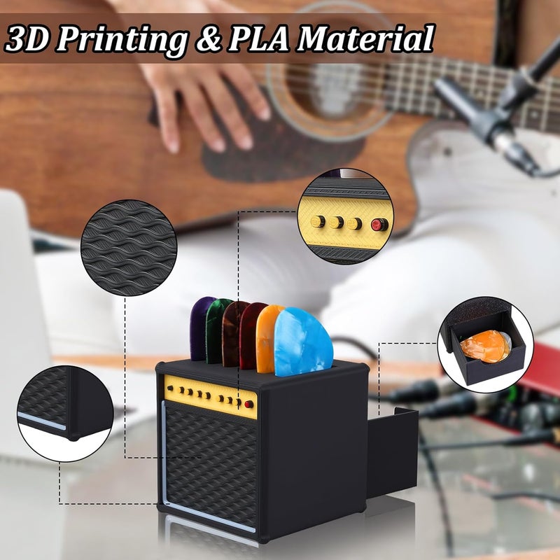 Dexspoeny 22 قطعة صندوق حامل ريشة الجيتار، حامل ريشة الجيتار بتصميم عتيق مع 21 ريشة جيتار من السليلوز، صندوق تخزين ريشة مطبوع بتقنية ثلاثية الأبعاد وحامل عرض لعازفي الجيتار وعشاق الموسيقى - Image 4